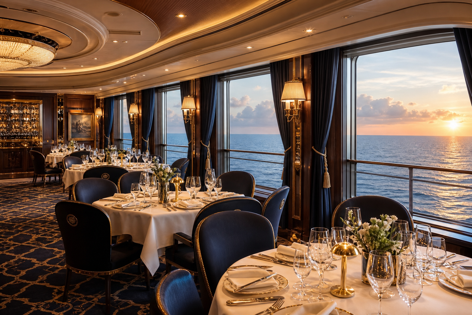 Grand dining room with panoramic windows, white linens, and warm brass accents