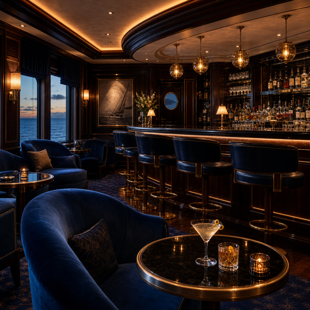 Intimate lounge bar with navy velvet seating, amber lighting, and polished wood