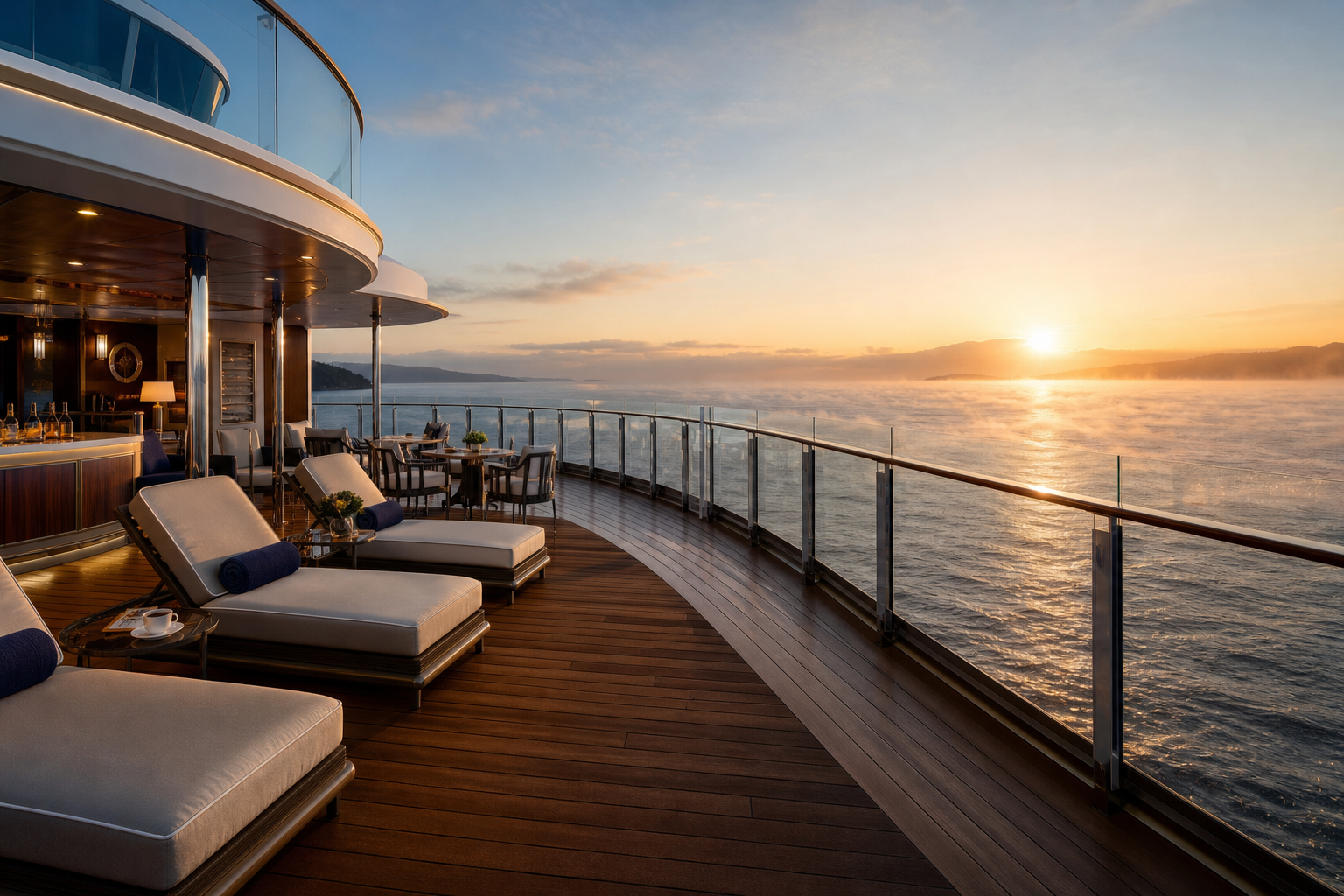 Scenic open-air deck at sunrise with teak flooring and ocean horizon