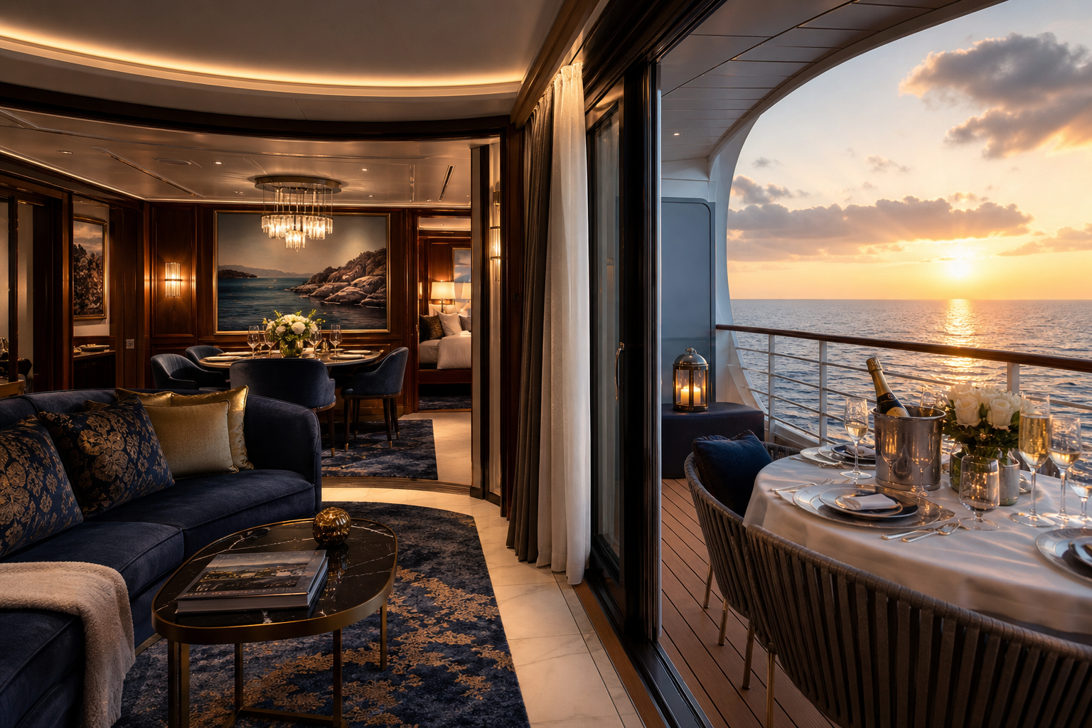 Opulent Owner's Residence with an expansive private balcony, dedicated dining setup, elegant coastal decor, and a champagne-ready celebration arrangement