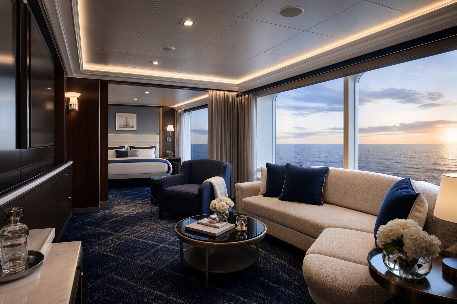 Refined Signature Suite with an expanded living area, tailored seating, soft navy accents, and panoramic windows overlooking a calm Atlantic horizon