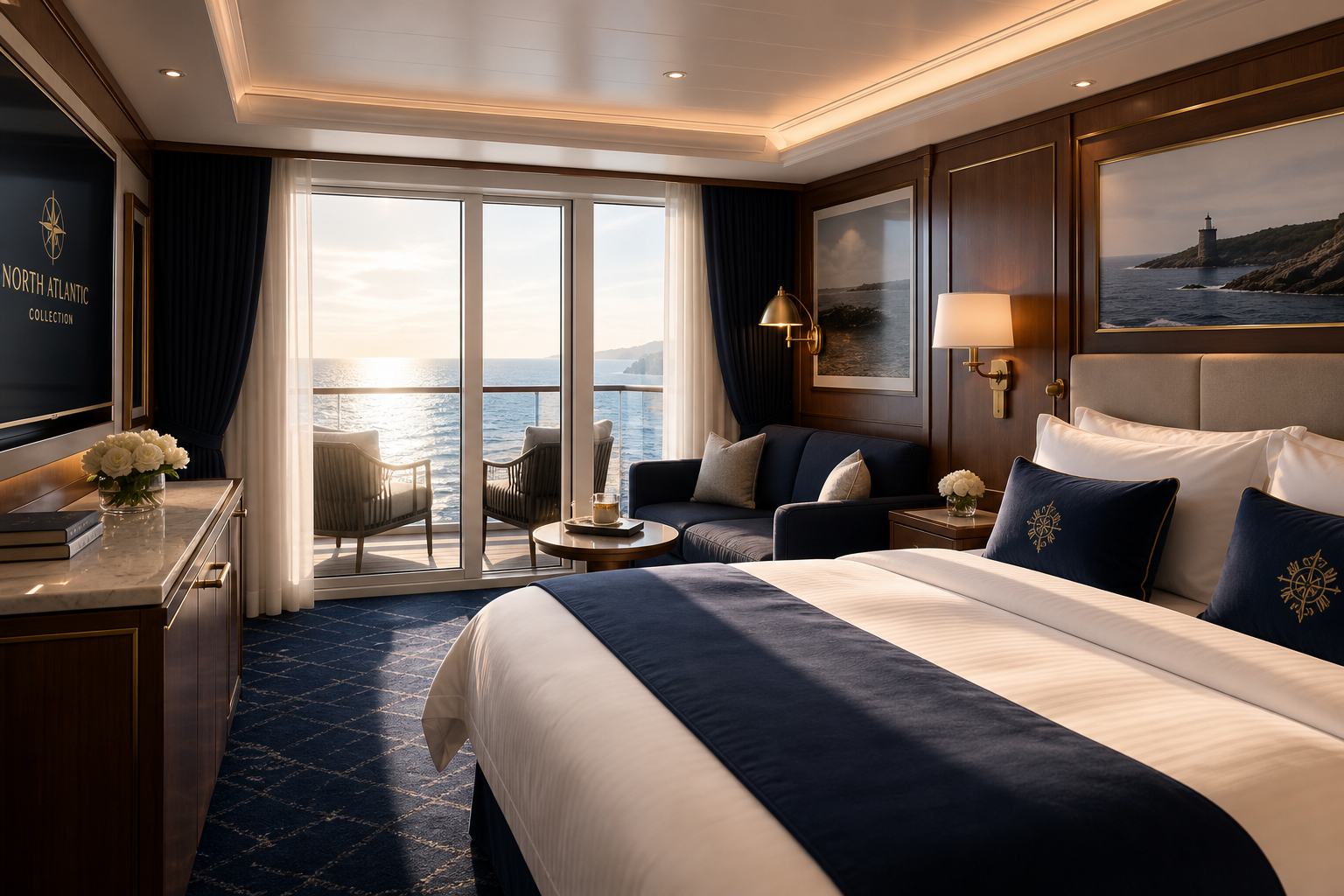 Elegant Veranda Suite with a private ocean-view balcony, plush lounge chairs, warm wood accents, and soft morning light filtering across premium linens