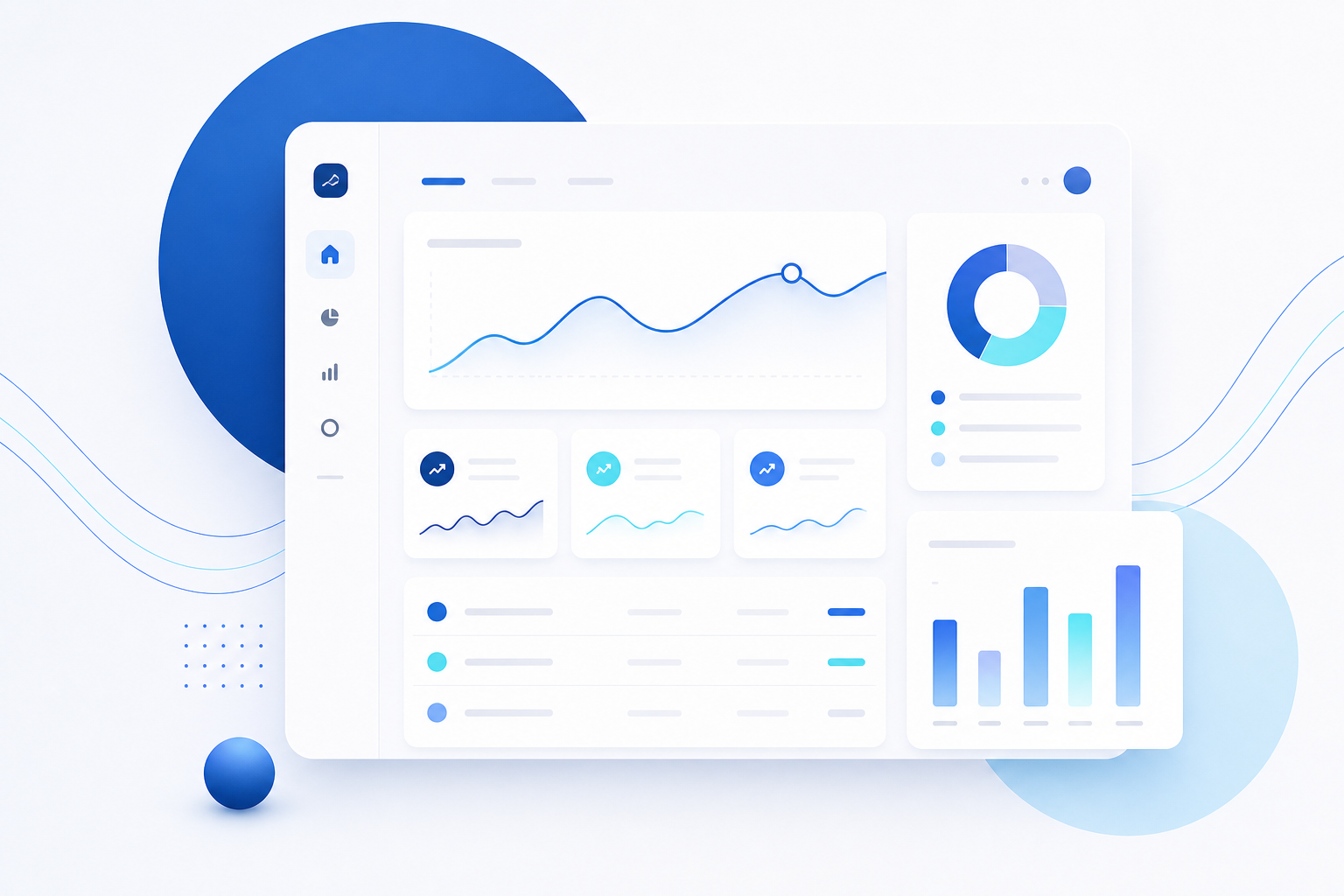Abstract fintech payment dashboard mockup with floating cards, soft circular gradient accents, and clean ocean-inspired shapes on a light background