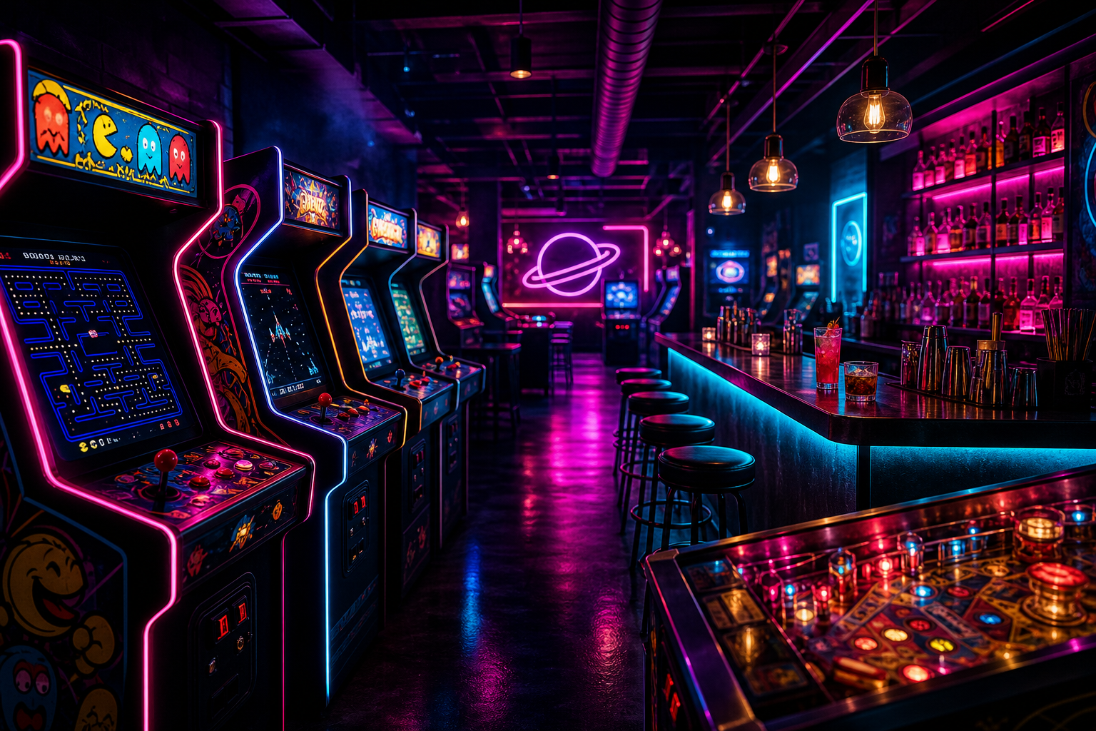 Neon-lit arcade bar interior with glowing game cabinets, magenta and cyan lights, and a lively nightlife atmosphere