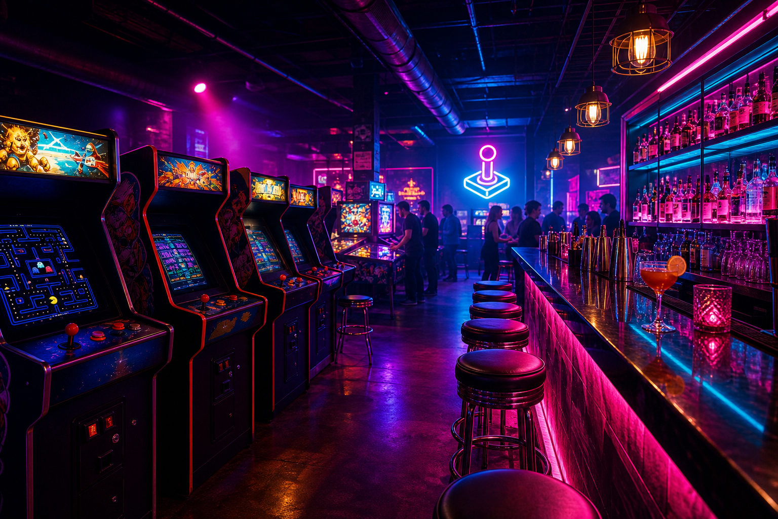 Vibrant retro arcade bar interior with neon magenta and cyan lighting, classic arcade cabinets, and a glowing cocktail bar