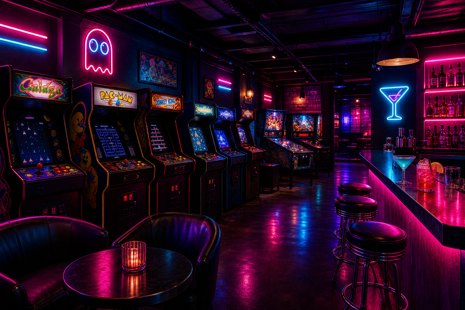 Neon-lit arcade bar with classic game cabinets, glowing magenta and cyan lights, and a lively lounge atmosphere