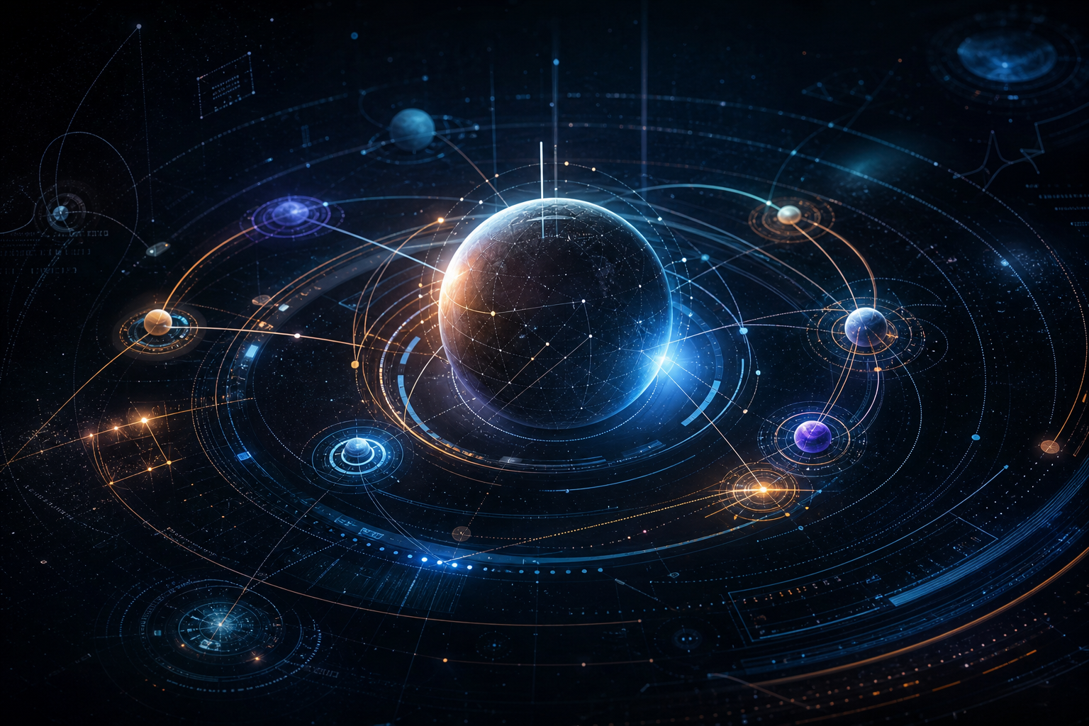 Abstract planetary operating interface with luminous orbital rings, connected nodes, data arcs, and schematic halos floating in a deep digital space