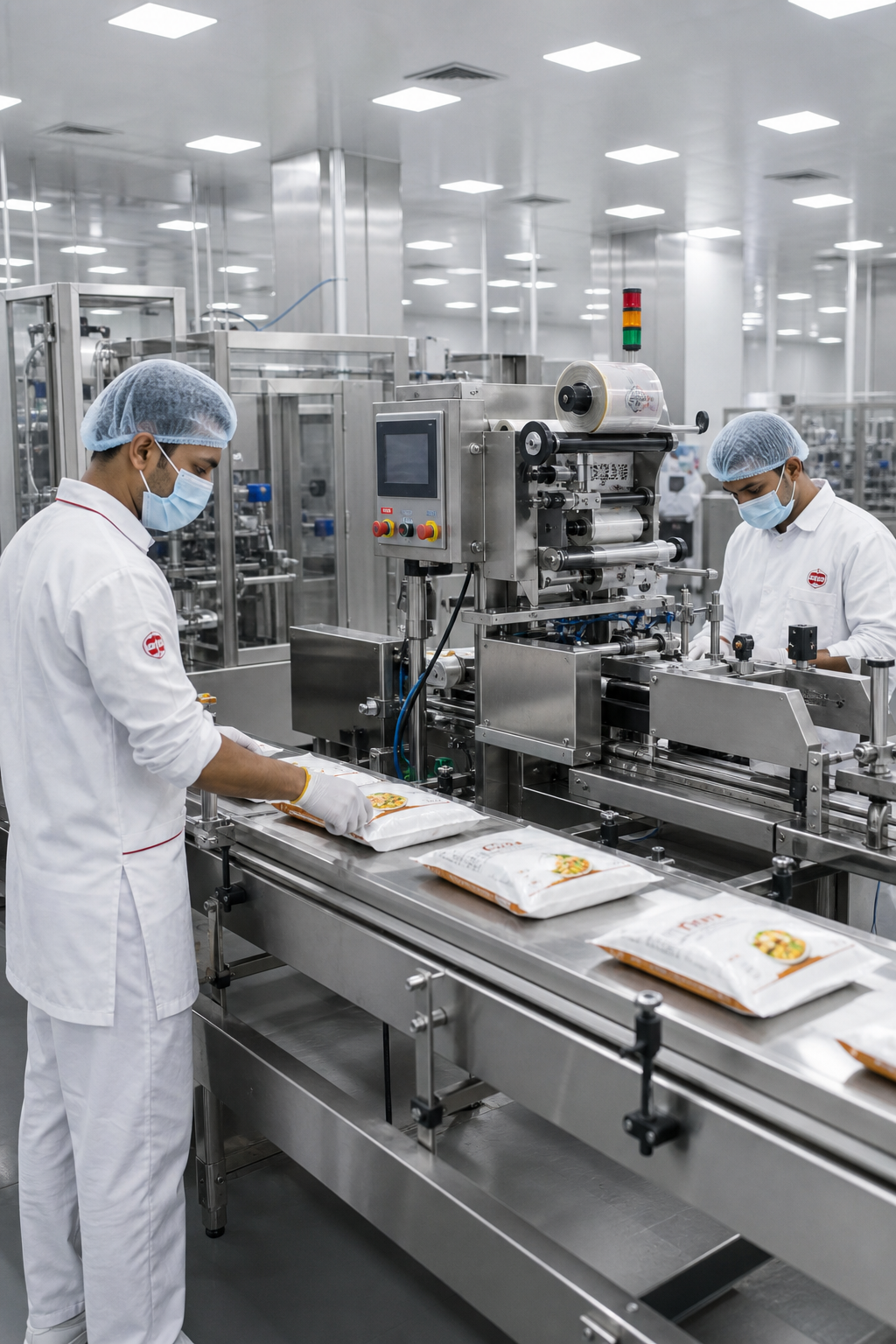 Hygienic industrial food packaging line with stainless steel conveyors, workers in protective uniforms, and automated sealing stations in a bright modern production hall
