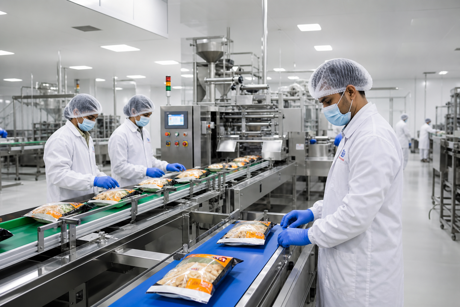 Hygienic food packaging line with workers in protective gear inspecting sealed products in a clean industrial facility
