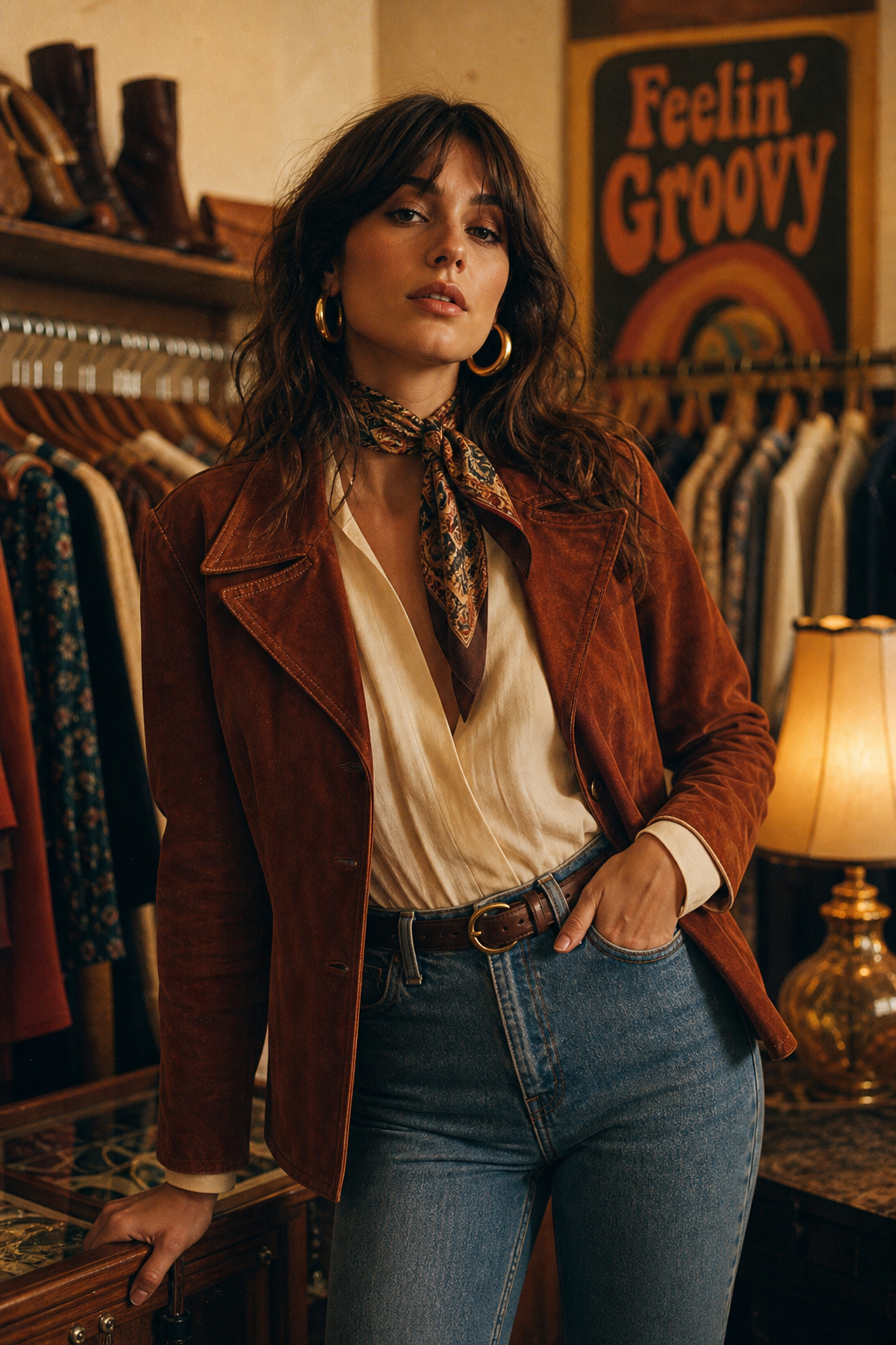 Editorial portrait of a model in a rust suede jacket and high-waisted denim, styled with 70s accessories in warm film lighting