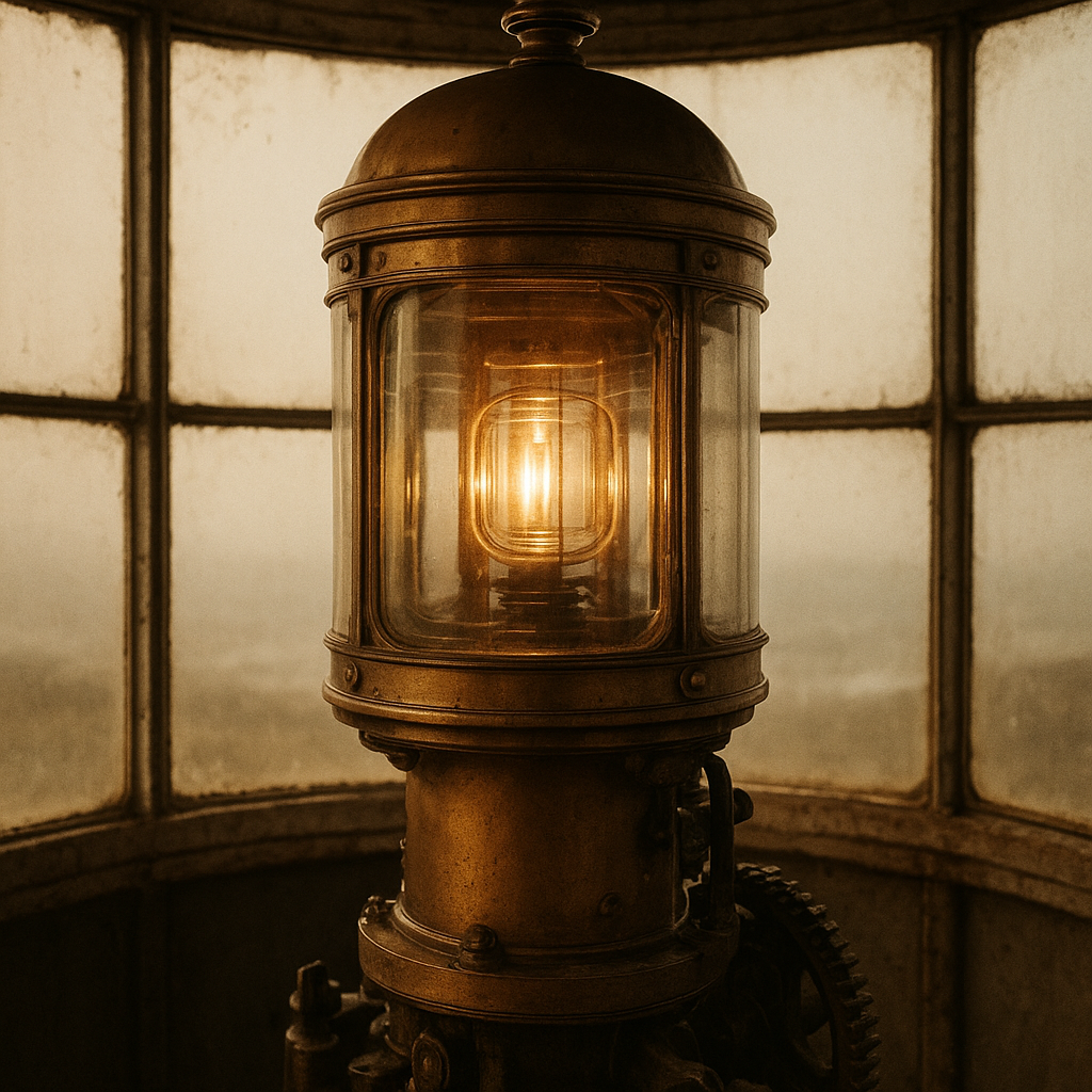 Archival close-up image of a lighthouse beacon lantern with brass housing and weathered glass