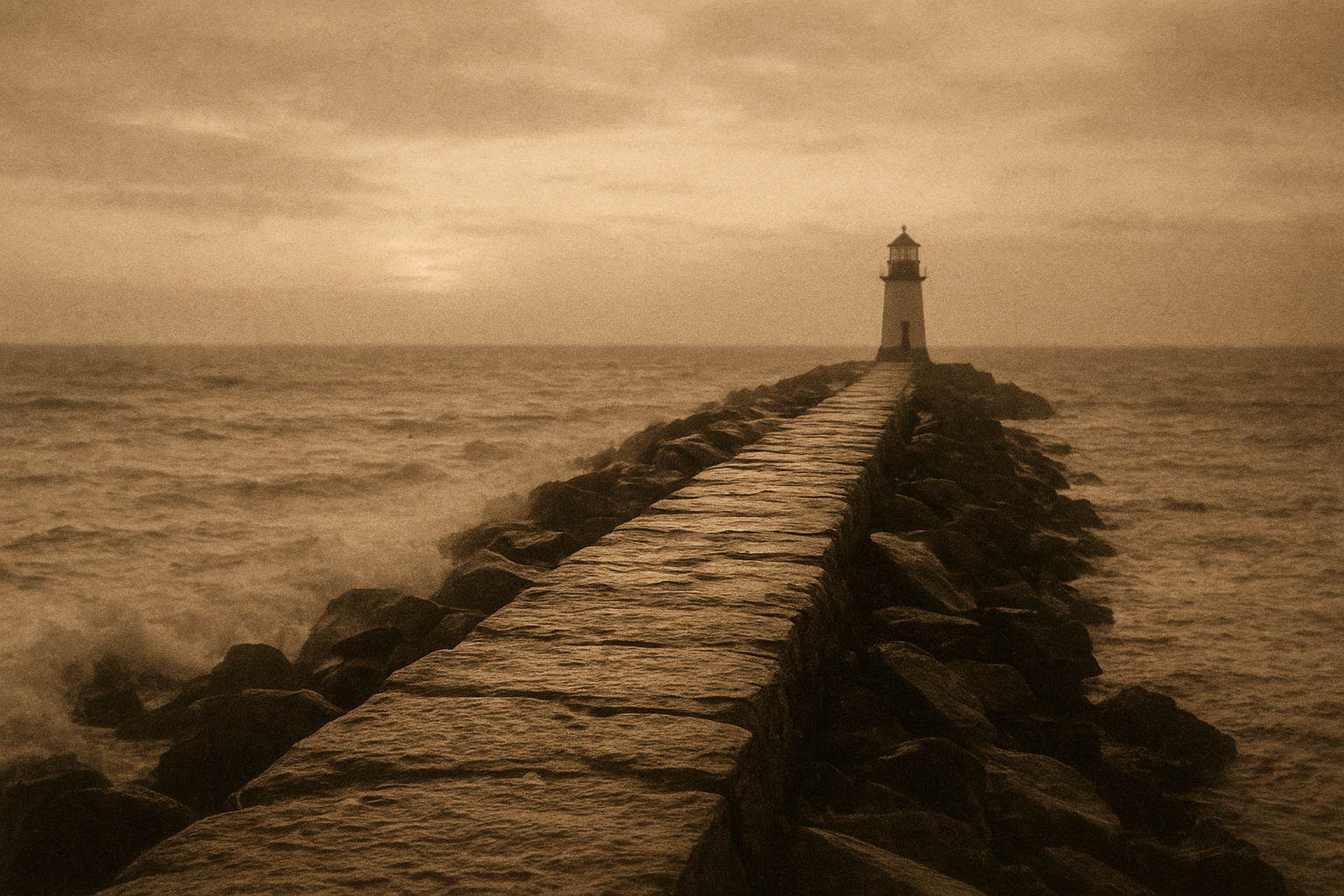 Archival shoreline photo of a stone breakwater leading toward a lighthouse tower at dusk