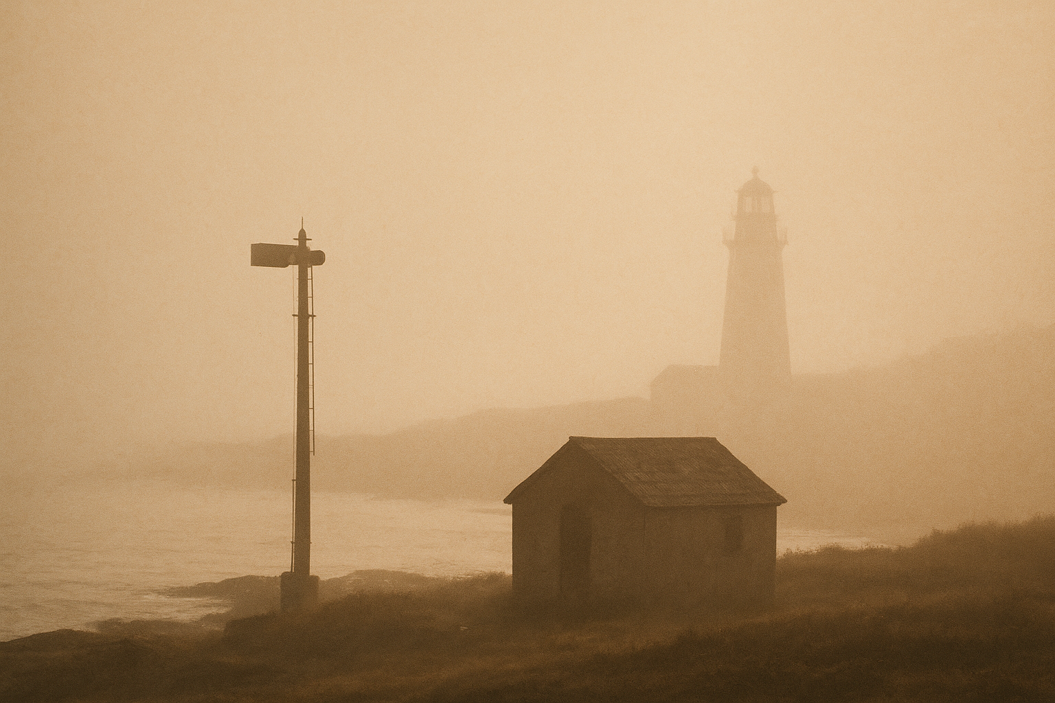 Warm-toned archival photograph of fog over shoreline structures near a lighthouse beacon
