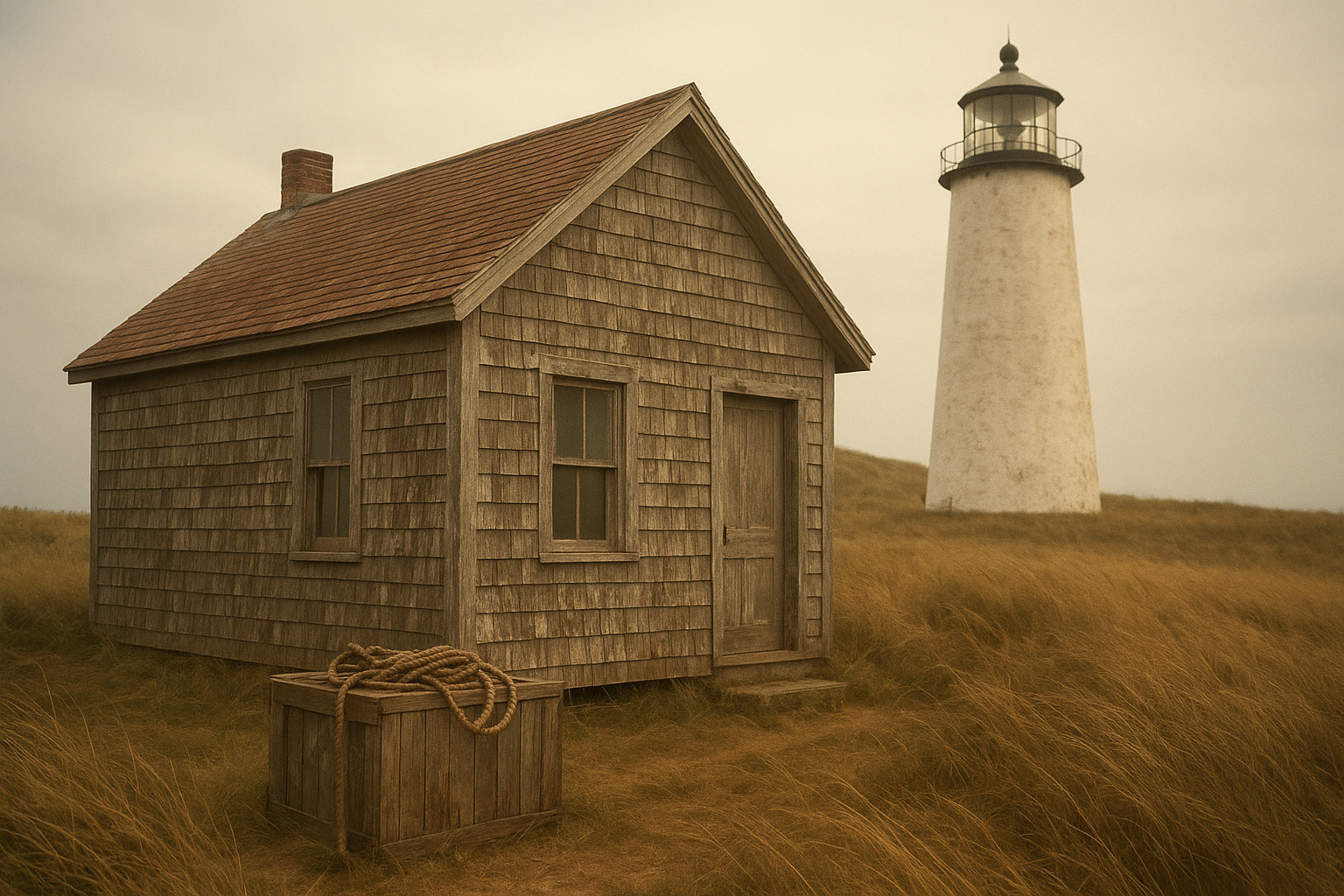 Historical image of weathered keeper quarters beside a coastal lighthouse in muted warm tones