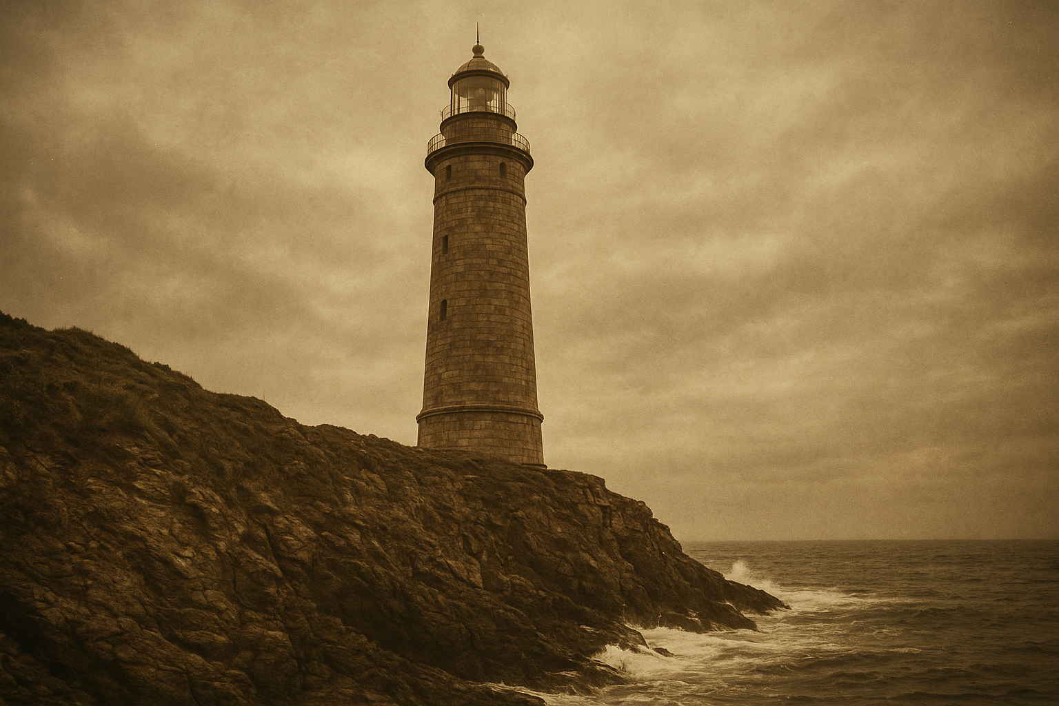 Large archival photo of a northern coast lighthouse on a windswept cliff in warm film tones