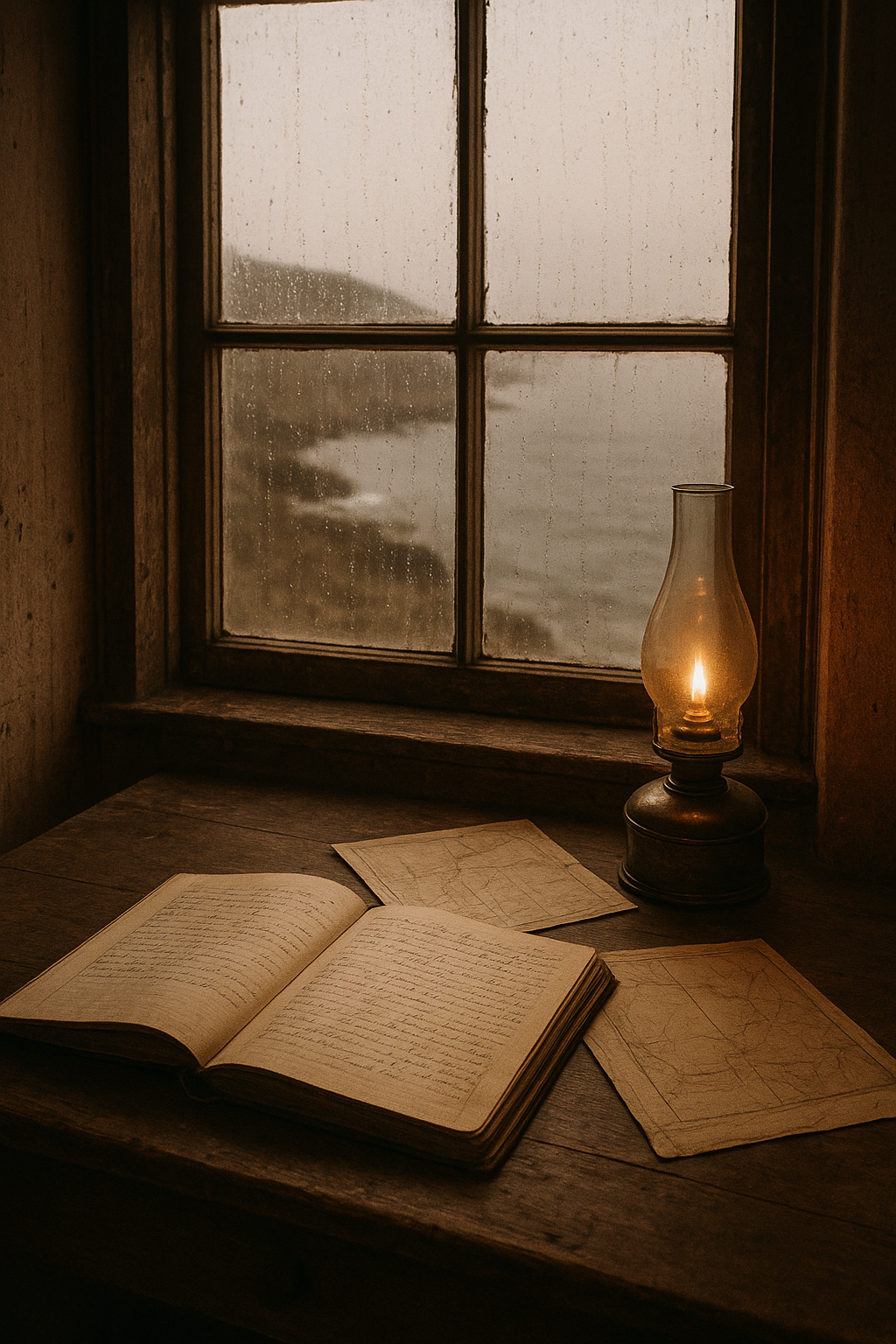 Archival-style scene of a lighthouse watch room with an oil lamp, logbook, and sea-facing window in warm film-like tones