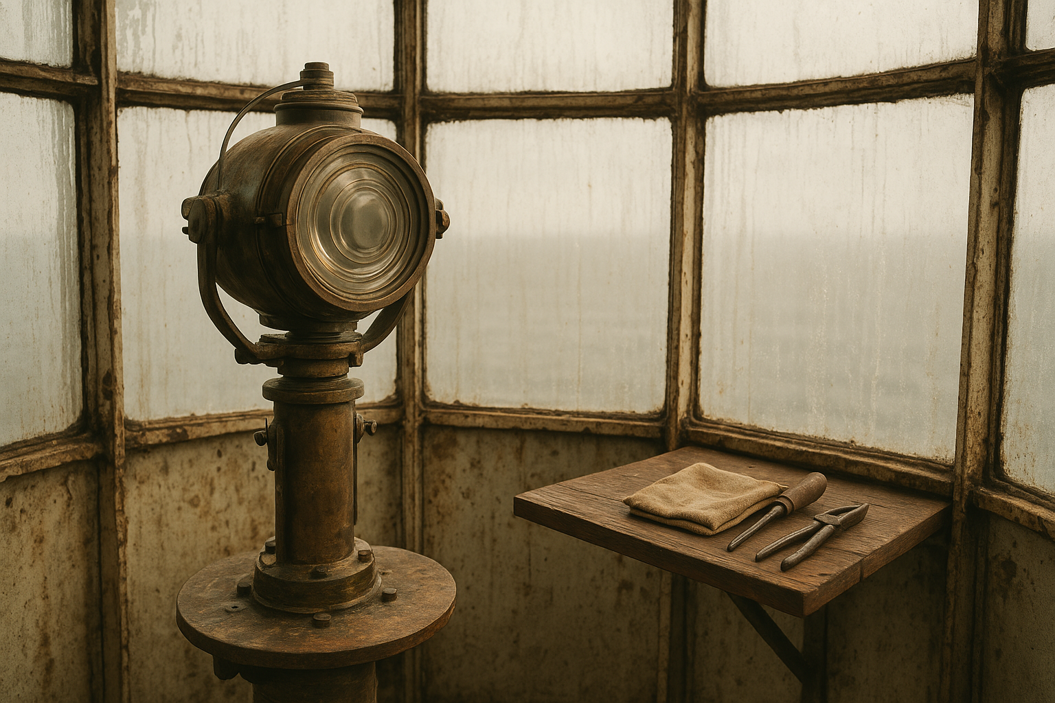 Weathered lighthouse lantern room interior with brass fittings, sea-stained windows, and maintenance tools on a wooden shelf