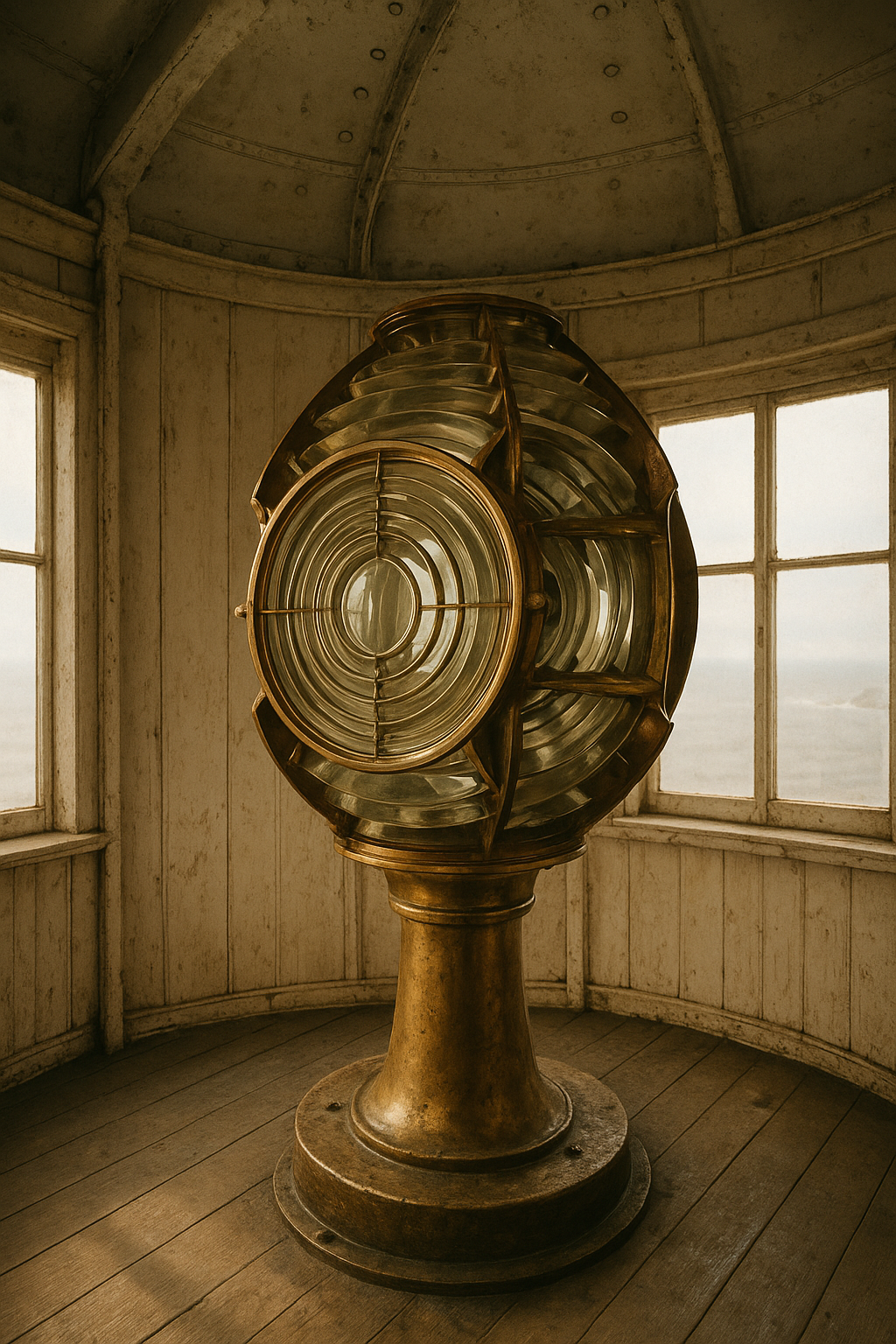 Archival-style detail of a lighthouse lantern room with brass equipment and warm coastal light