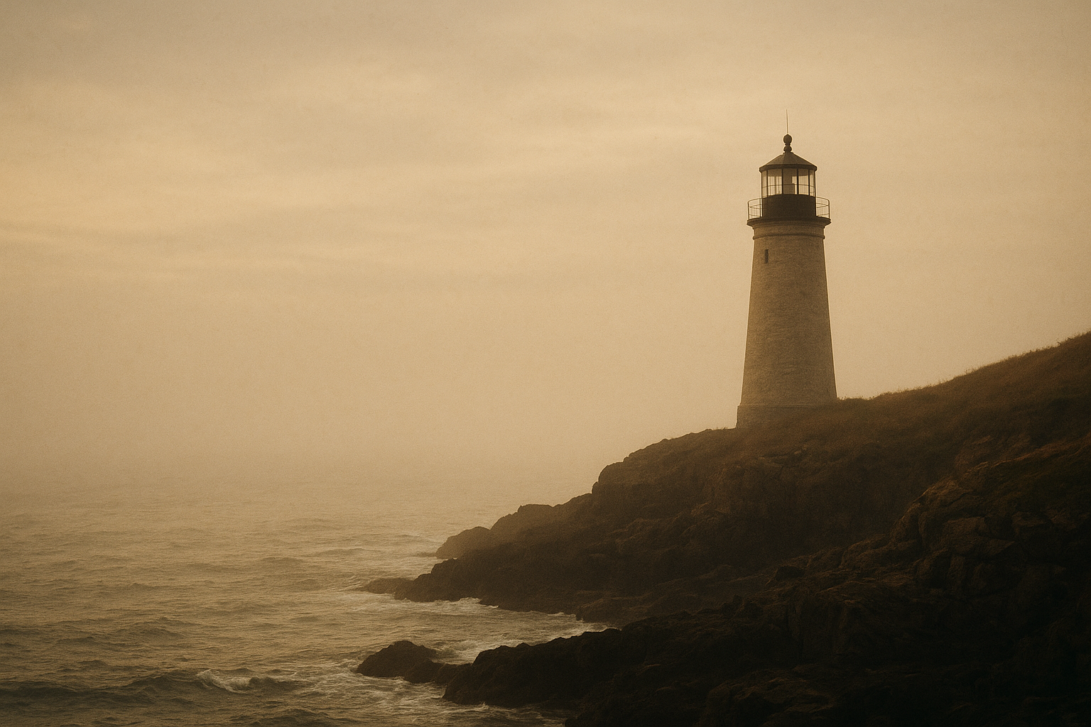 Warm film-style photograph of a lighthouse on a rugged northern coastline at dusk with sea mist and gentle waves