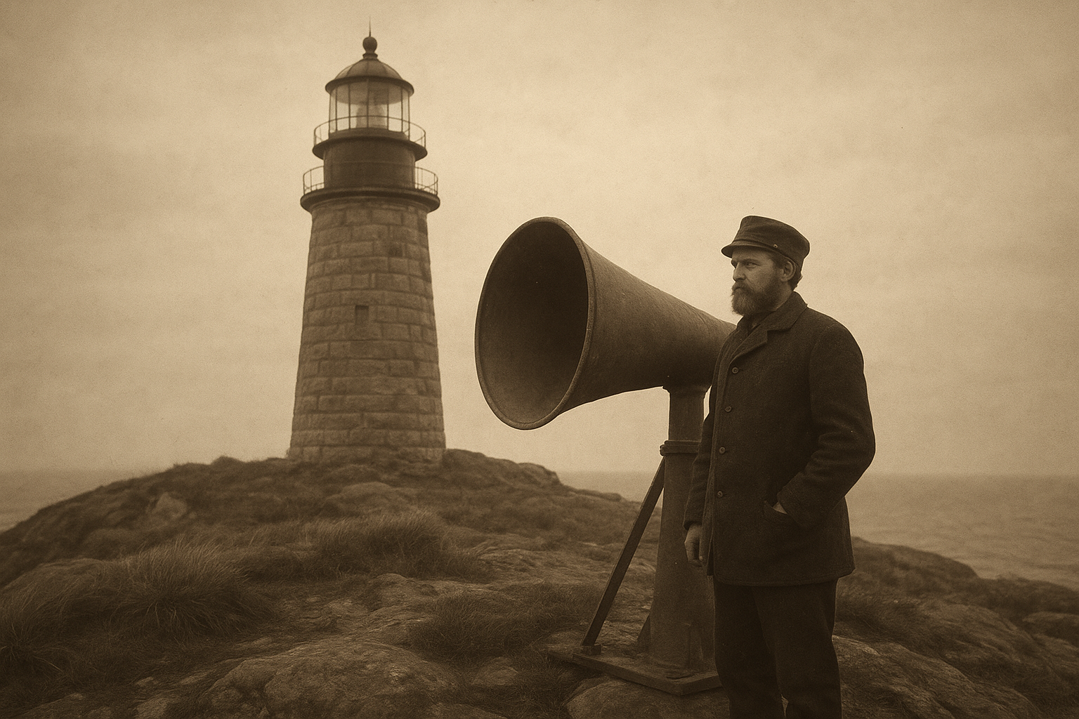Archival photograph of a northern coast lighthouse keeper standing beside a fog signal horn near a stone tower in windy overcast light