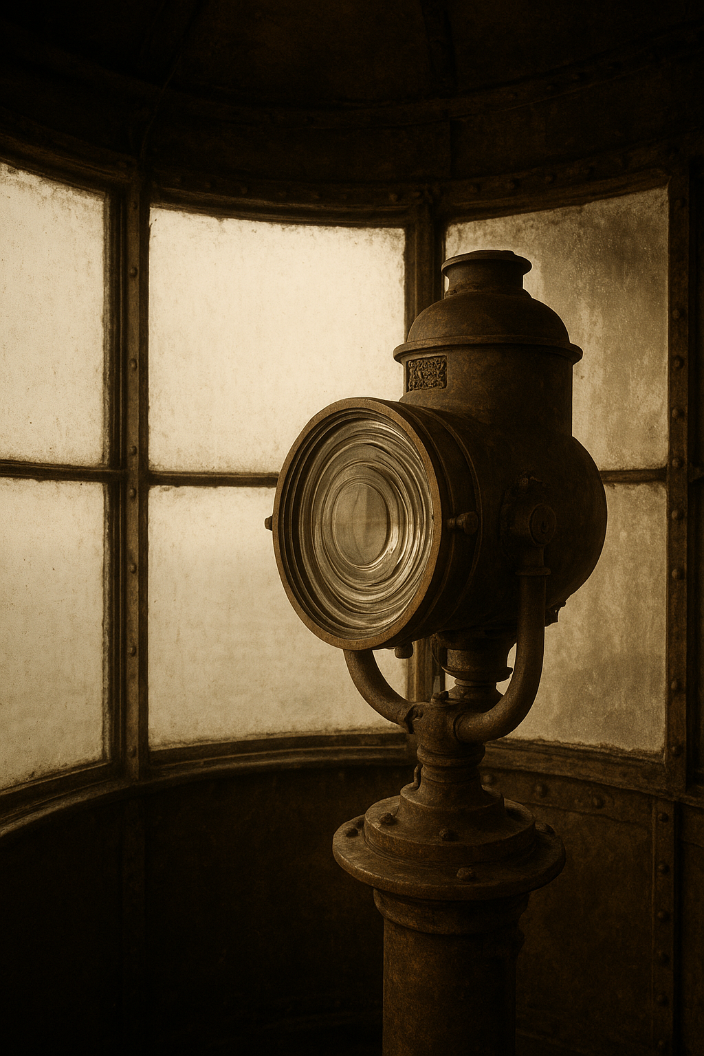 Warm-toned archival close view of a lighthouse lantern room with weathered brass fittings and salt-marked glass