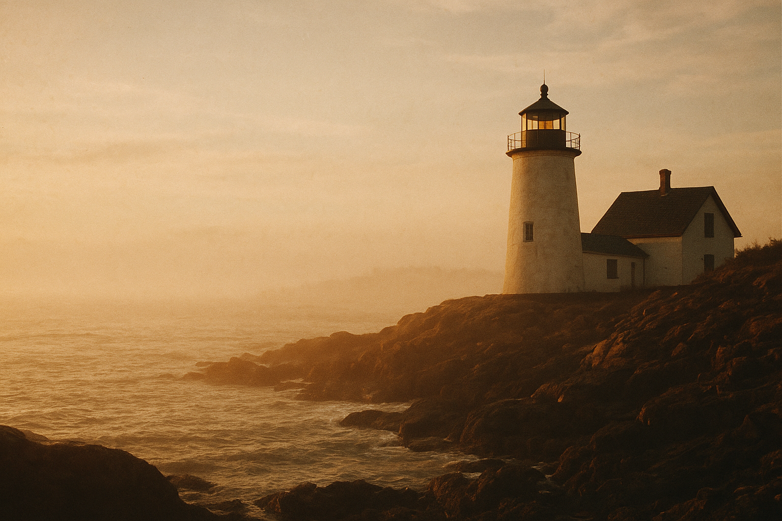 Historic northern-coast lighthouse on rugged shoreline in warm film-photography style, with soft weathered grain and cinematic coastal light
