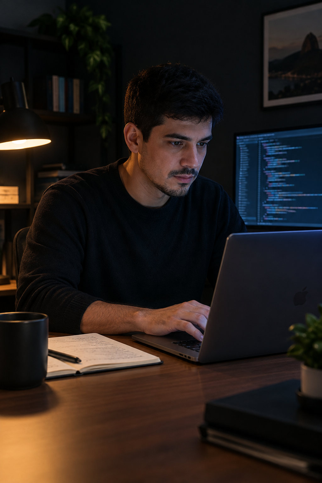 Founder-style portrait of Filipe Meirelles in a focused builder workspace with a laptop, notebook, and warm desk lighting