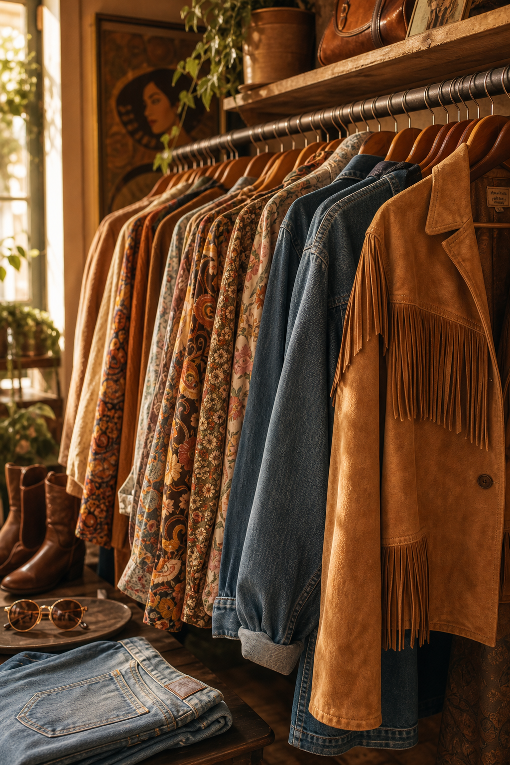 Warm boutique clothing rack with curated 70s and 80s garments in textured fabrics