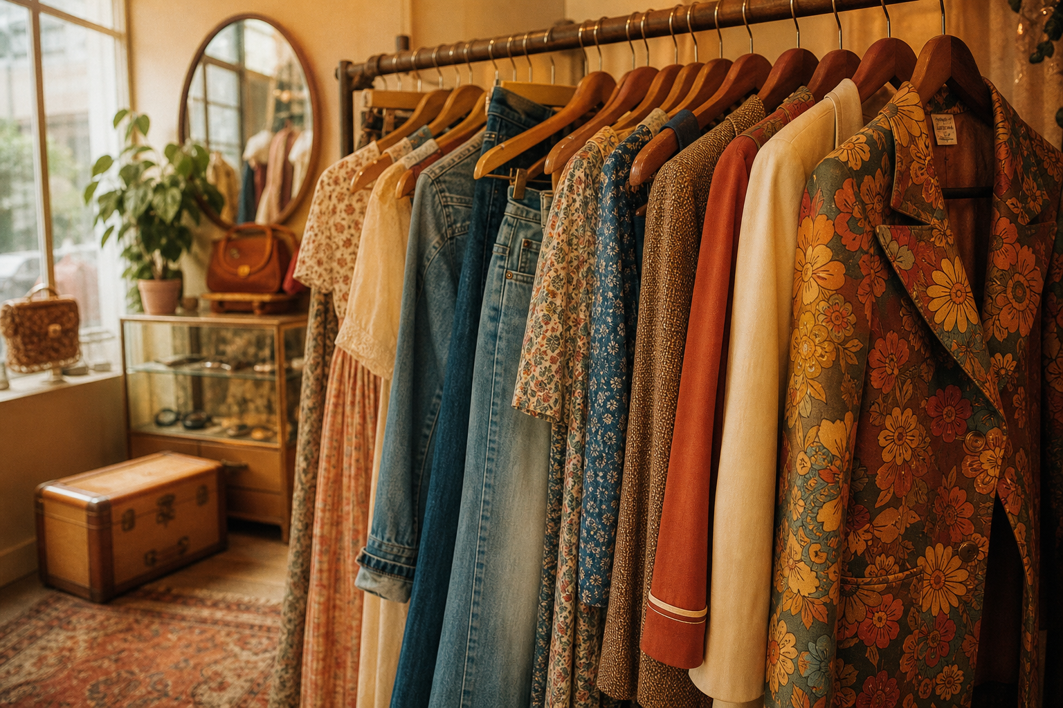 Boutique rack scene with curated 70s and 80s garments in warm late-afternoon light