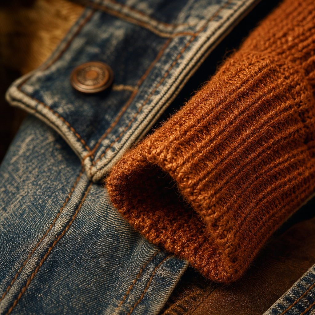 Close-up detail shot of textured vintage denim and knit fabric showing stitching, grain, and tactile wear