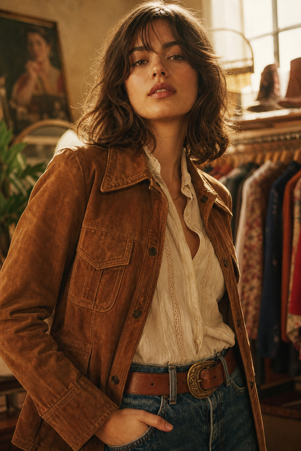 Portrait-led fashion shot of a confident model in a caramel suede vintage jacket with 70s-inspired styling