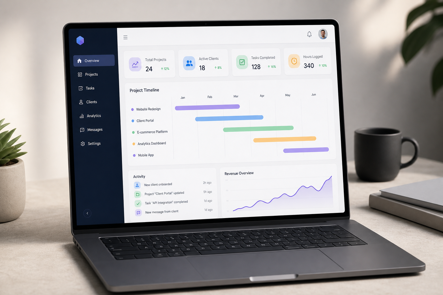 Minimalist dashboard mockup showing project timeline, analytics cards, and a navigation sidebar in a modern web app interface