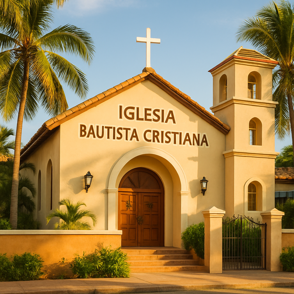 Church building exterior with palm trees and warm sunlight