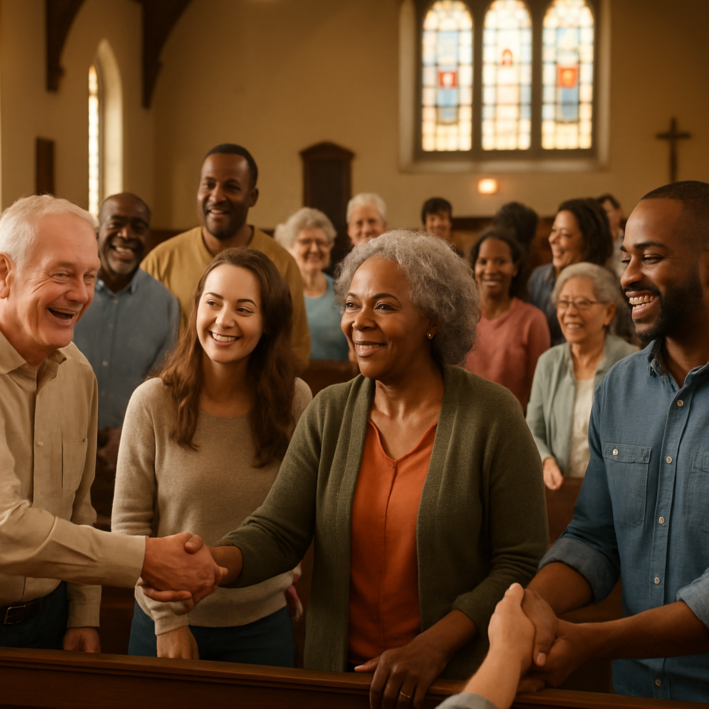 Congregation smiling and greeting each other inside the church