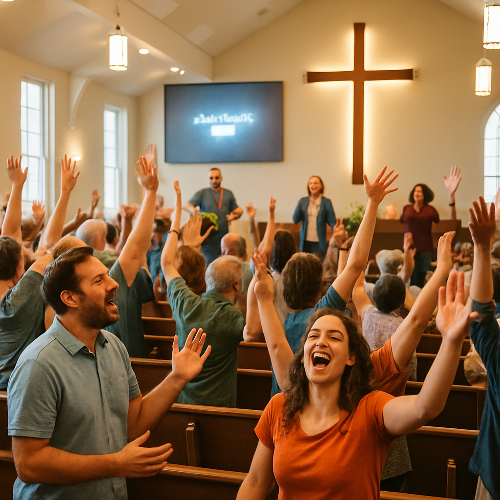 Worship service with people singing and joyful atmosphere