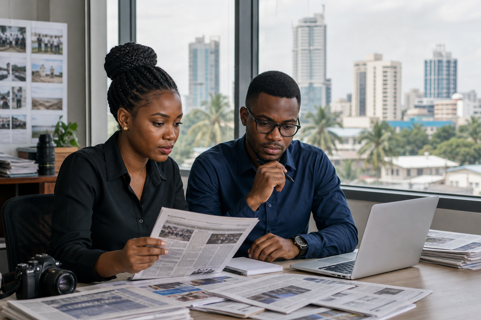 Modern Tanzanian newsroom scene with reporters reviewing headlines and a Dar es Salaam skyline in the background