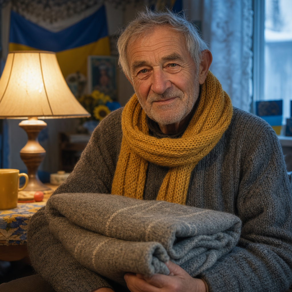 Elderly Ukrainian grandfather in a knit sweater holding a wool blanket beside a warm lamp