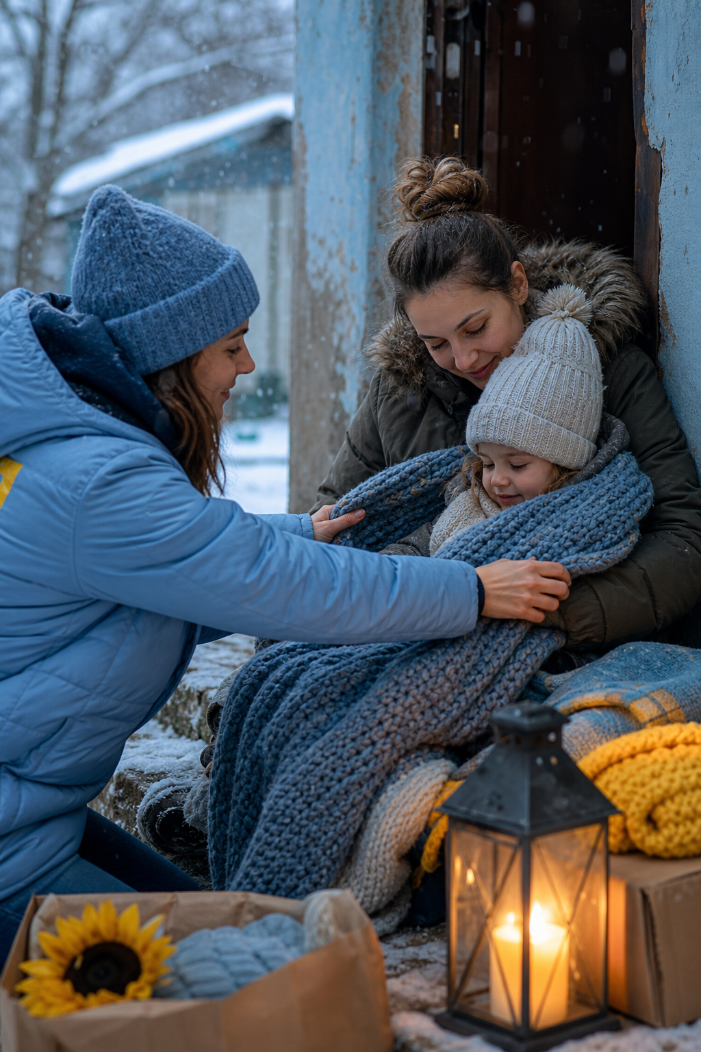 A volunteer wrapping a warm blanket around a mother and child during winter in Ukraine