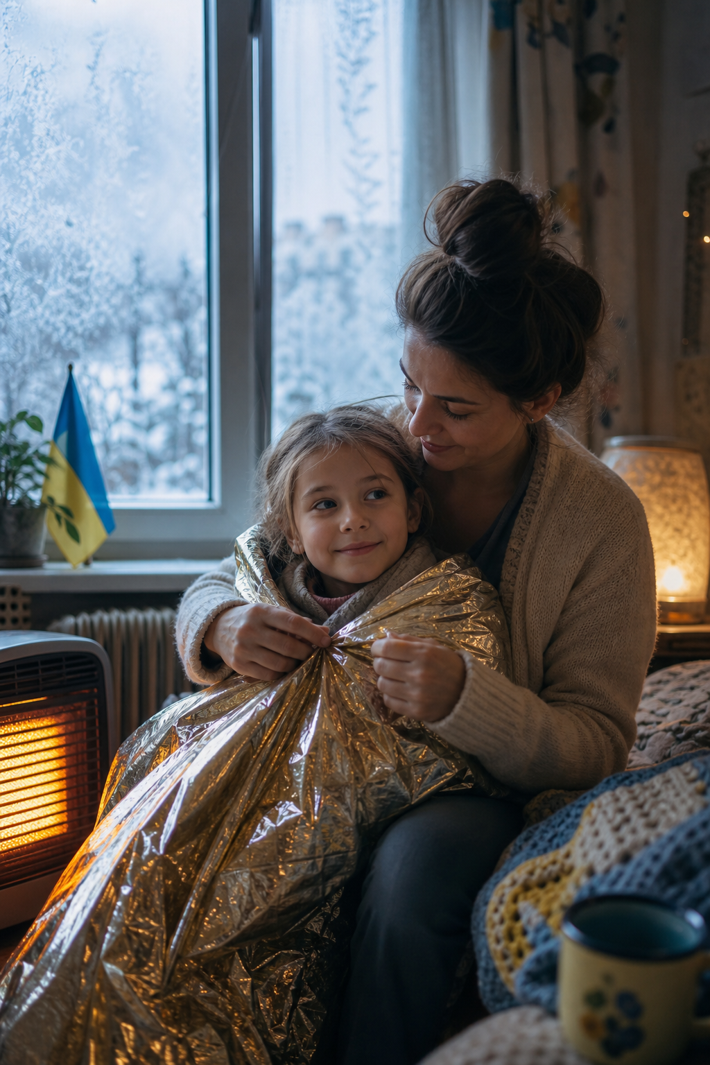 Ukrainian mother wrapping a warm blanket around her young daughter by a frosted window