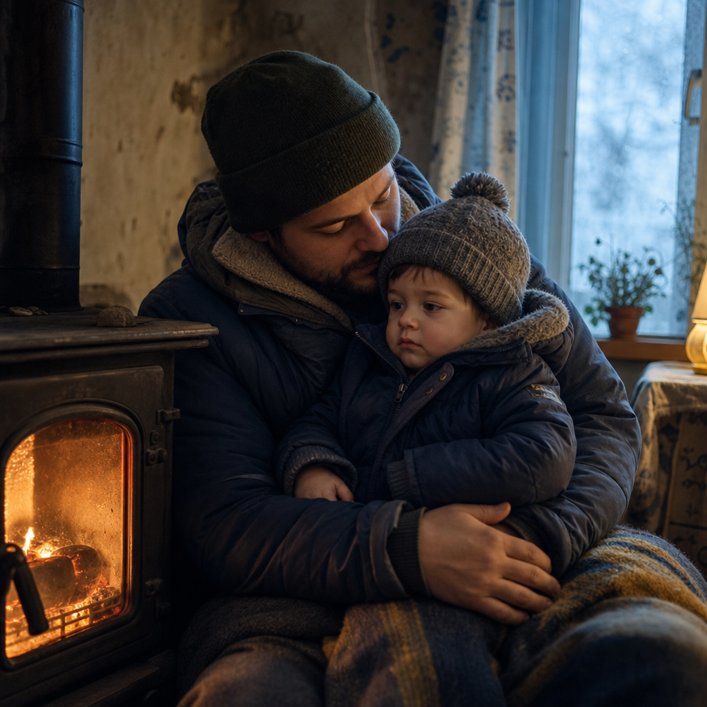 Young Ukrainian father holding his toddler son near a small wood stove, both wearing warm hats