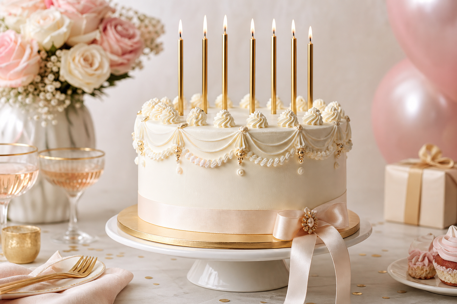 White and gold celebration cake with delicate piping and tall candles