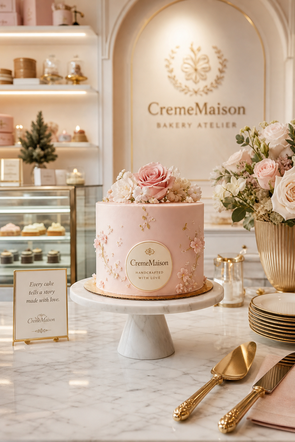 A refined bakery atelier with a blush-toned cake on a marble counter, gold utensils, and soft cream lighting