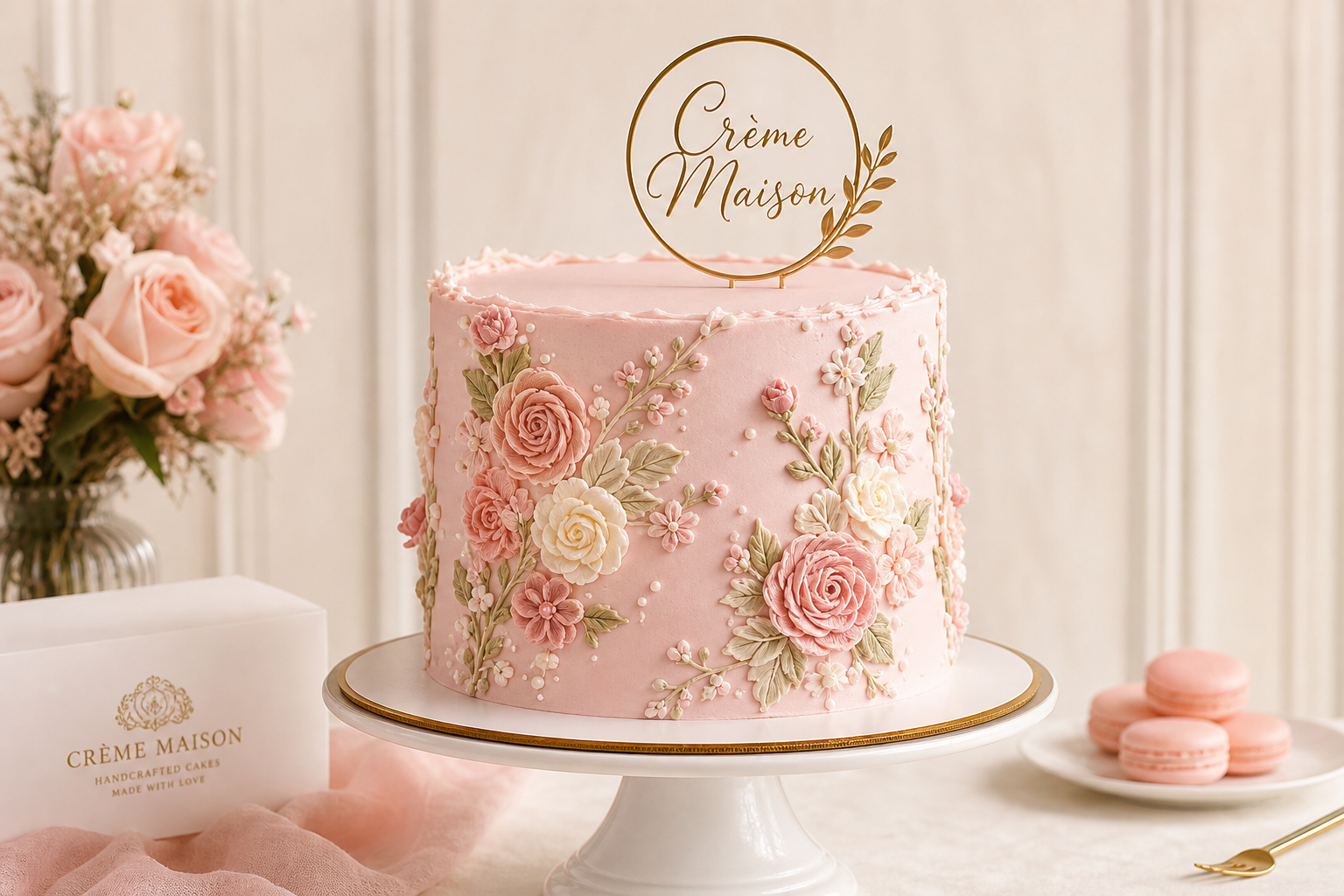 Elegant blush pink cake with hand-piped florals and a modern gold topper