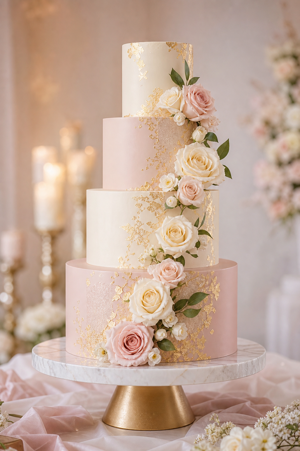 Elegant multi-tier blush and ivory wedding cake with gold leaf accents and fresh roses