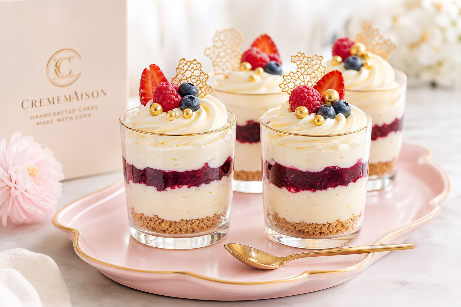 Luxury dessert cups with vanilla mousse, berry compote, and gold sugar pearls