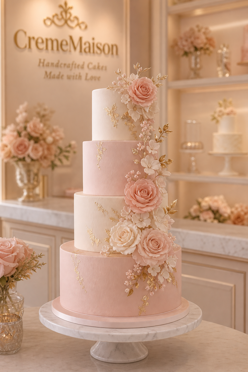 Tall blush-and-cream wedding cake with gold leaf accents and delicate sugar flowers on a marble stand in a softly lit boutique bakery