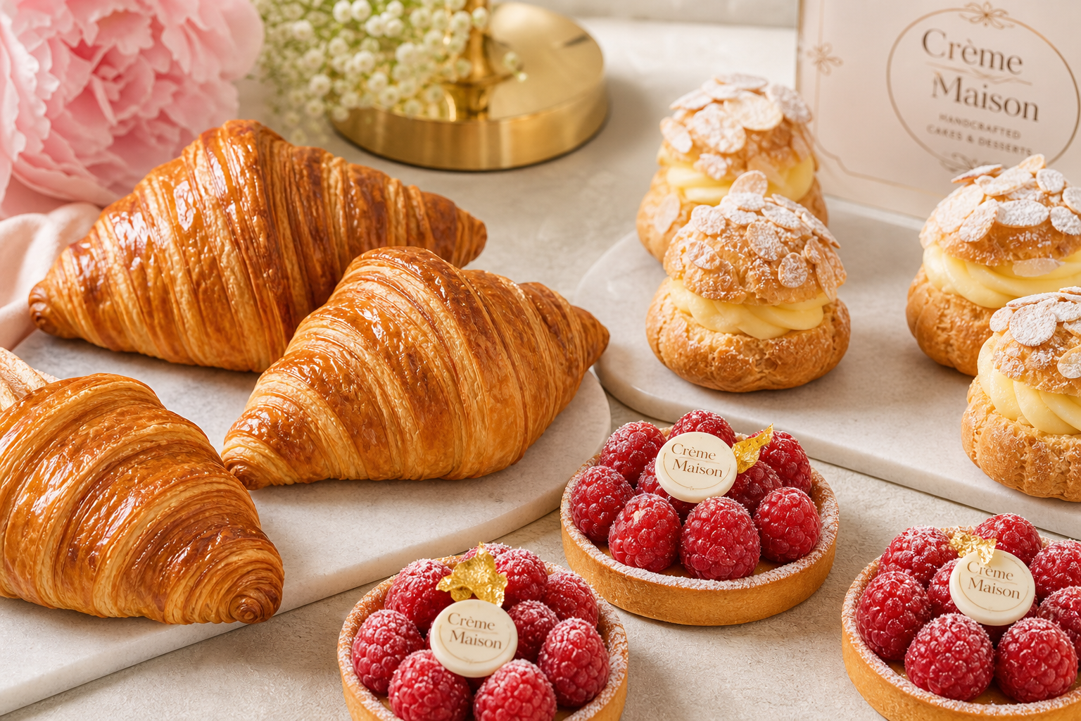 Assorted French pastries with golden croissants, raspberry tartlets, and almond cream puffs