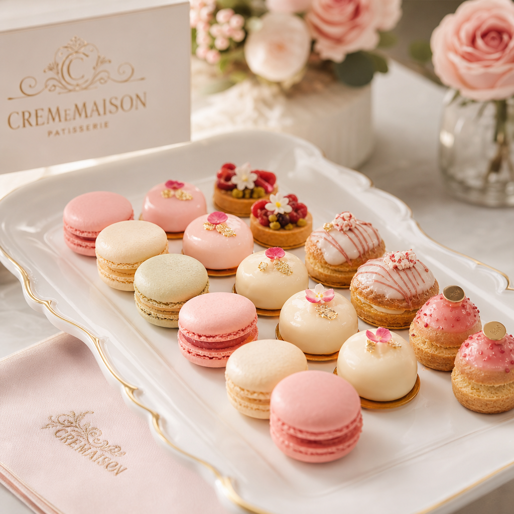 Assortment of petite pastel macarons and glazed pastries arranged on a porcelain tray with soft blush tones