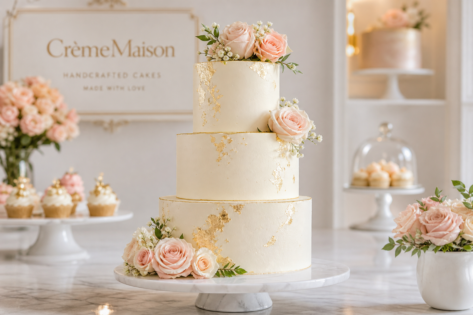 Three-tier ivory buttercream cake with gold leaf accents and soft blush roses