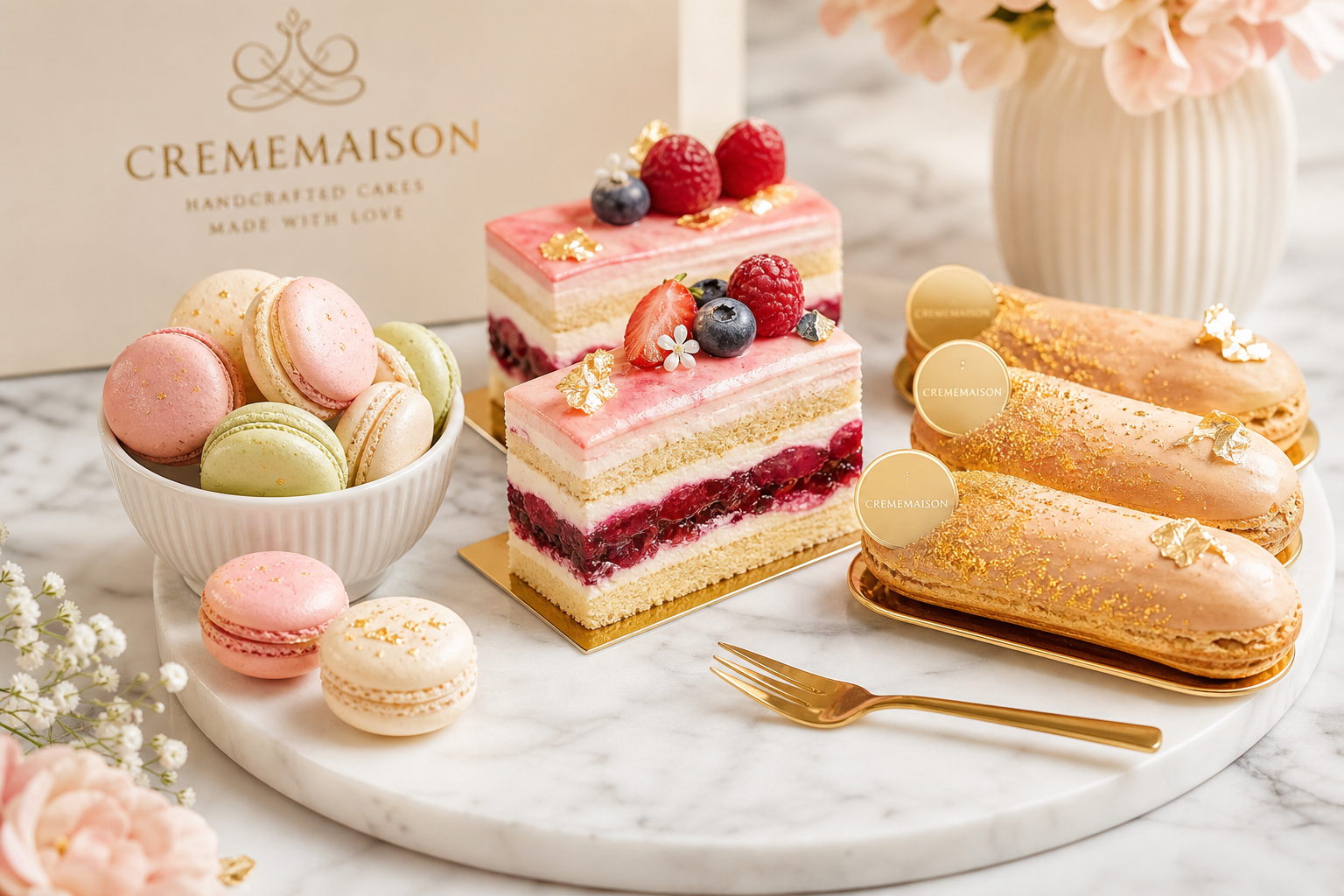 Seasonal bakery assortment with pastel macarons, berry cake slices, and gold-dusted eclairs